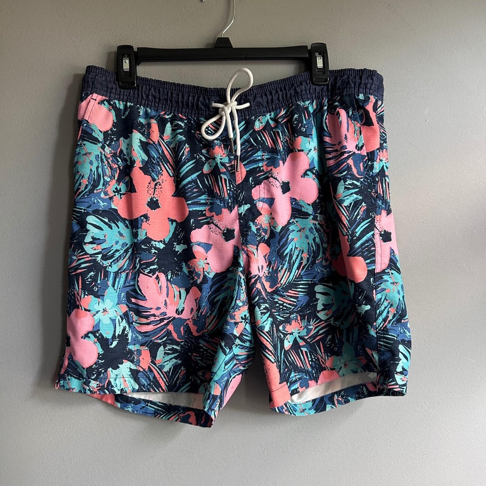 Goodfellow & Co Mens Floral Tropical Swim Trunks Pink Teal Navy Size Medium